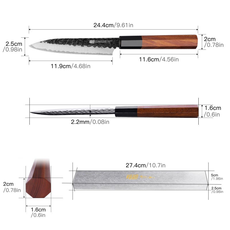 FINDKING Dynasty Series Kitchen Utility Knife, Multi-Purpose Japanese Paring Knife, 9Cr18MoV High Carbon Steel Blade, African Rosewood Octagonal Handle, Small, for Fruits Vegetables, 5 Inches - Image 4